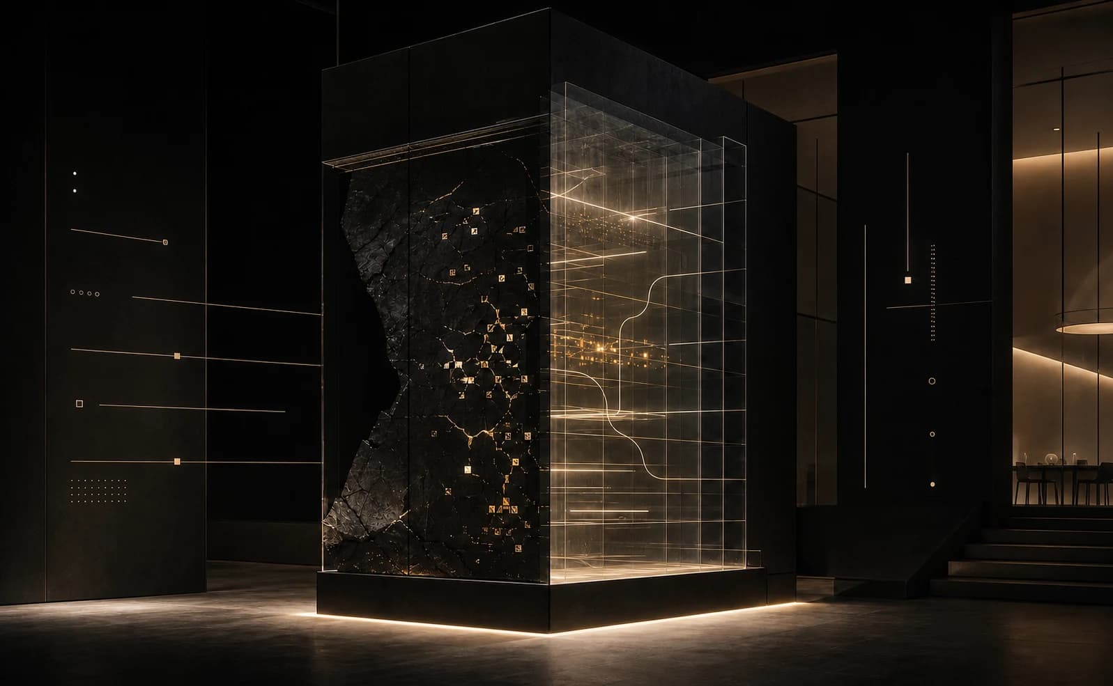 A dark opaque monolith opening into transparent illuminated layers, representing accountable AI systems.
