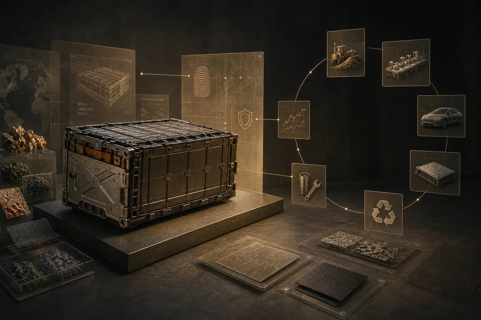 A battery module connected to material, identity, repair and recycling stages in a circular data system.