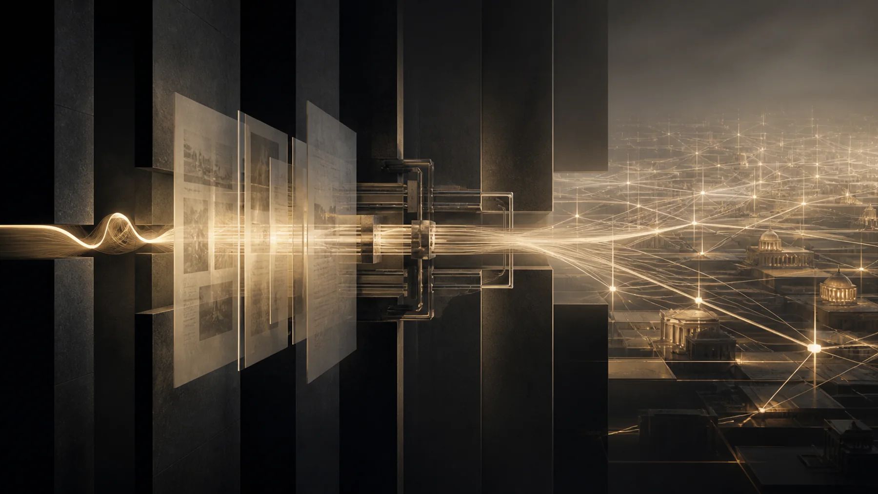A luminous conversational thread passing through editorial layers and expanding into civic-scale information infrastructure.