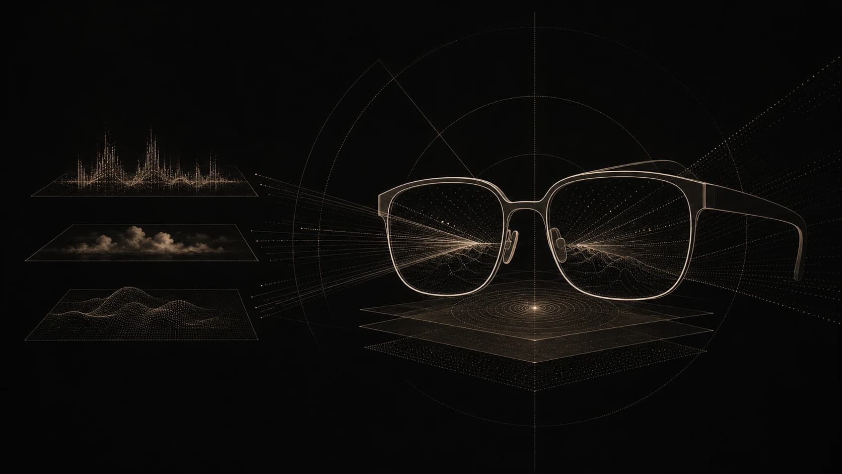 Abstract eyeglass geometry surrounded by audio, vision and contextual computing layers; no commercial hardware is depicted.